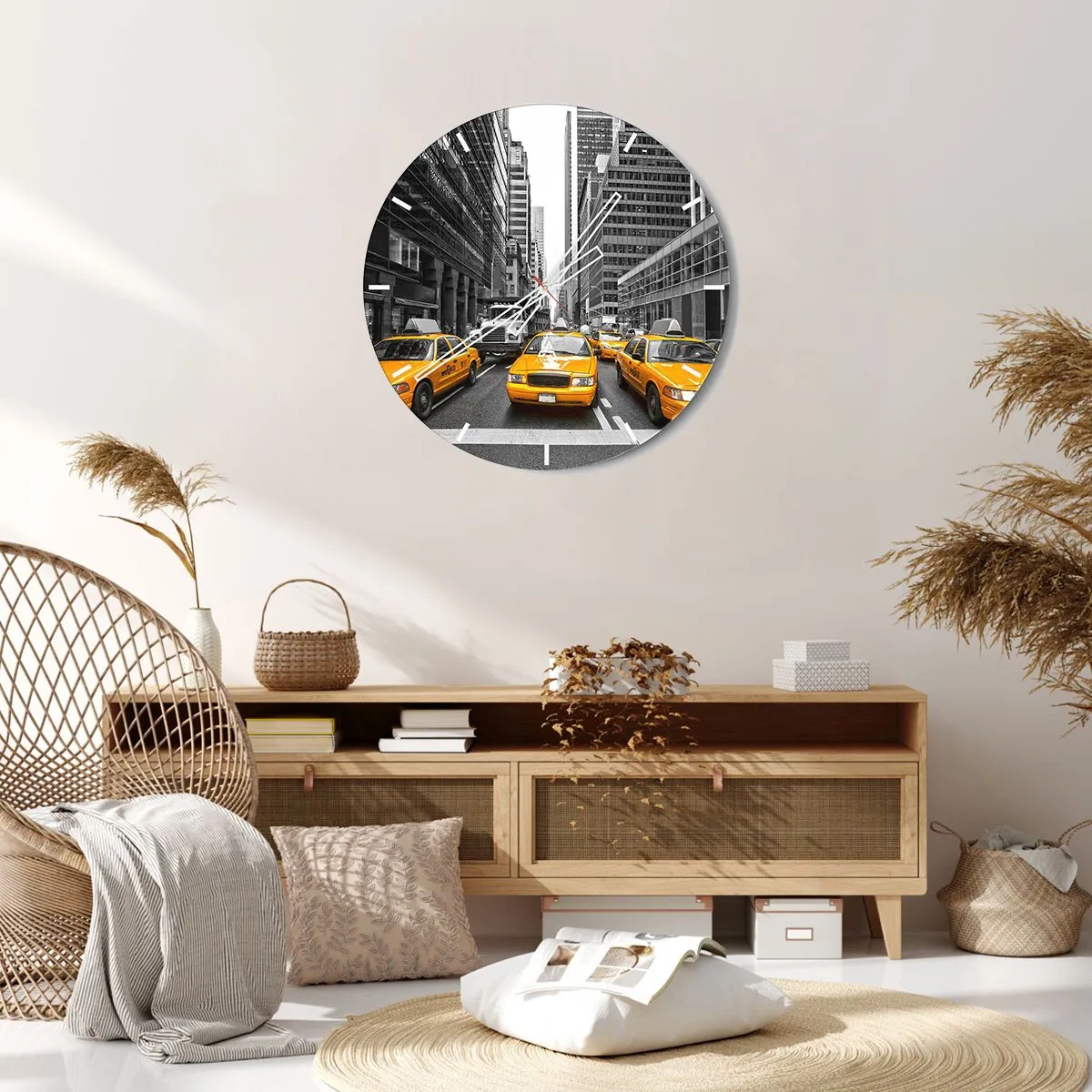 Wanduhr - Glasuhr - Gelbe Taxis auf den Straßen der Stadt - 30x30cm - Wir färben die Stadt - Moderne Wanddekoration für Wohnzimmer, Küche und Schlafzimmer ARTTOR