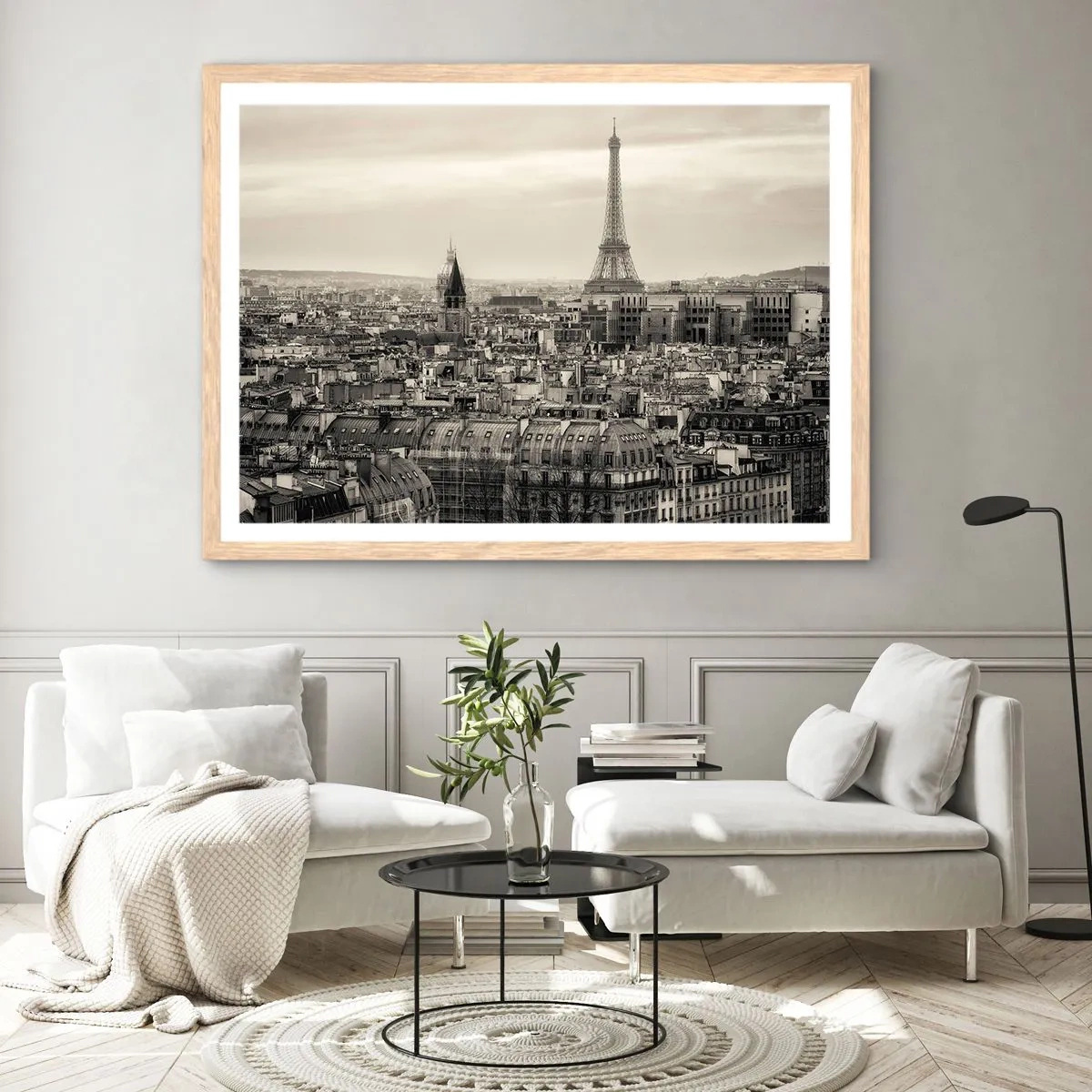 Poster in einem Rahmen aus heller Eiche - Über den Dächern von Paris - 70x50 cm