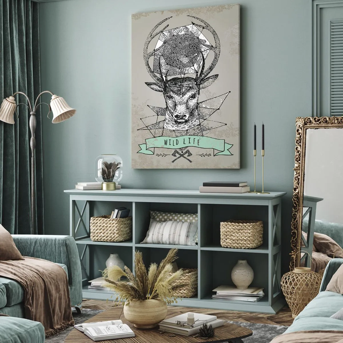 Bild auf Leinwand - Leinwandbild - Hirschgeometrie im Vintage-Stil mit Wild Life-Schriftzug - 50x70cm - St. sehen Hubertus - Moderne Wanddekoration für Wohnzimmer und Schlafzimmer ARTTOR