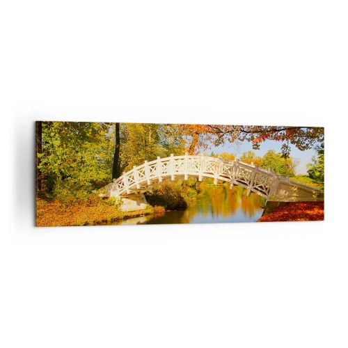Bild auf Leinwand - Leinwandbild - Eine Brücke in einem Park, umgeben von Herbstlaub über ruhigem Wasser - 160x50cm - Auf der weißen Seufzerbrücke - Moderne Wanddekoration für Wohnzimmer und Schlafzimmer ARTTOR