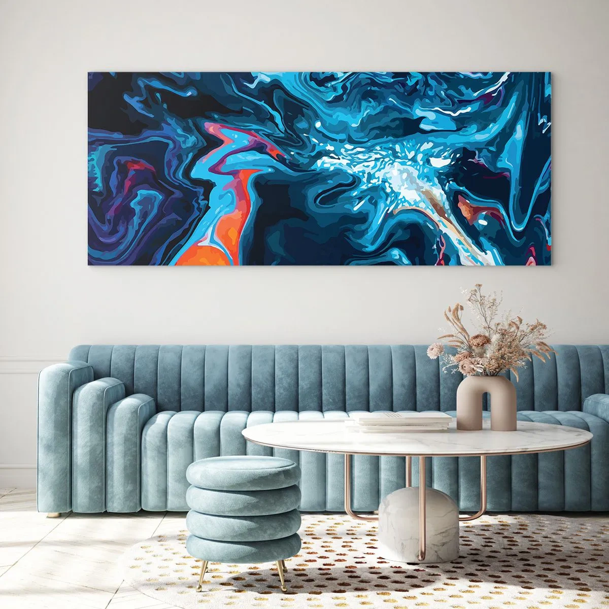 Glasbild - Bild auf glas - Ein abstraktes Muster in Blautönen mit orangefarbenen Akzenten. - 160x50cm - Reise ins Zentrum des Himmels - Moderne Wanddekoration für Wohnzimmer und Schlafzimmer ARTTOR