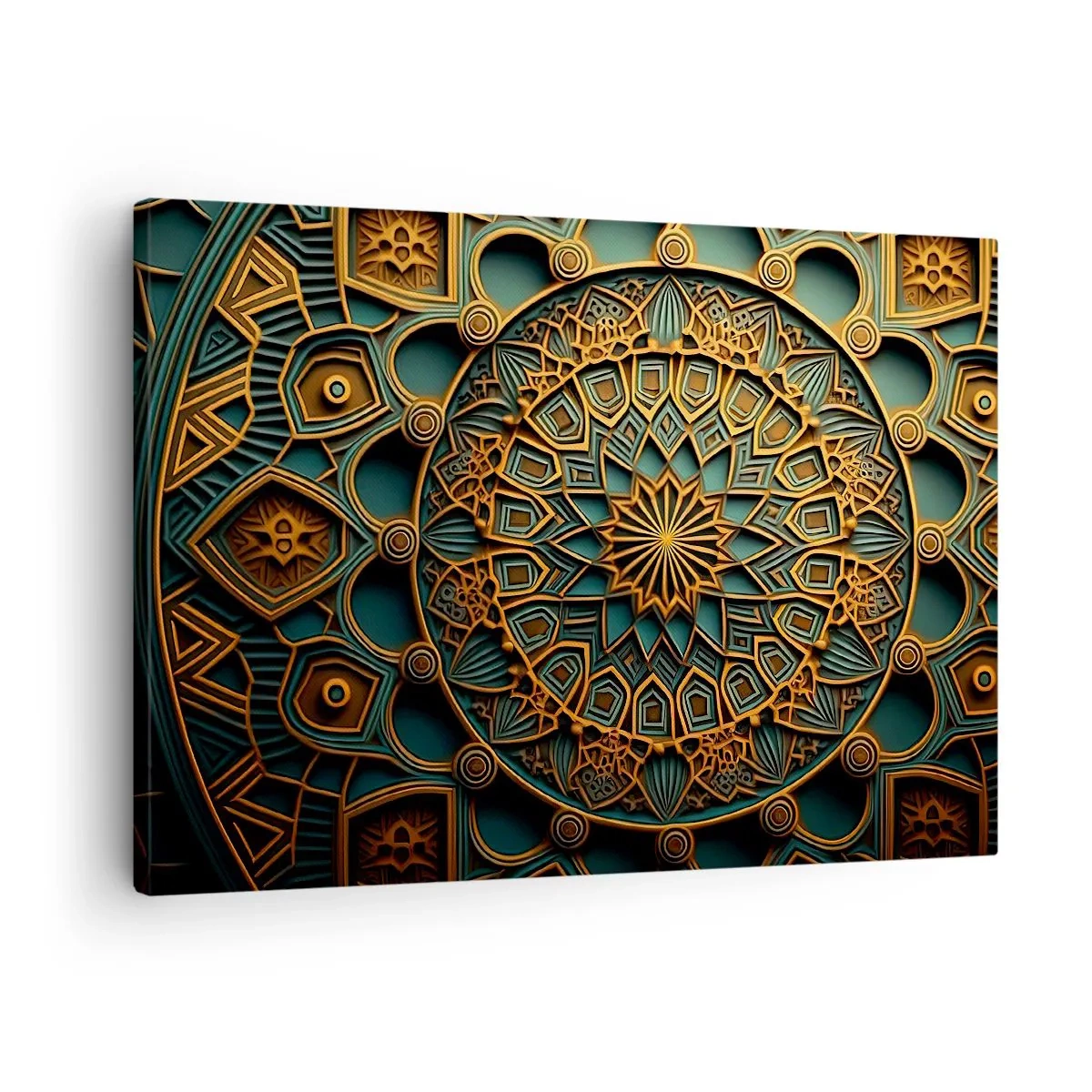 Bild auf Leinwand - Leinwandbild - Ein goldenes Mandala auf türkisfarbenem Hintergrund mit vielen Details. - 70x50cm - In arabischer Atmosphäre - Moderne Wanddekoration für Wohnzimmer und Schlafzimmer ARTTOR