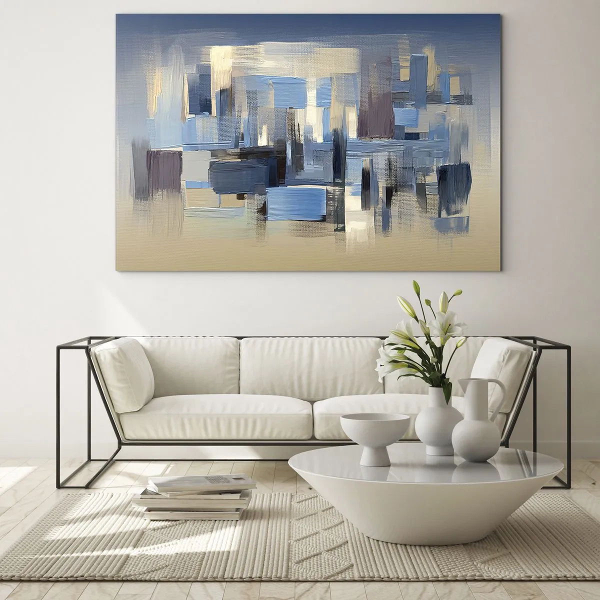 Glasbild - Bild auf glas - Geometrische Pinselstriche in Blau- und Beigetönen - 70x50cm - Blaue Konstruktion - Moderne Wanddekoration für Wohnzimmer und Schlafzimmer ARTTOR