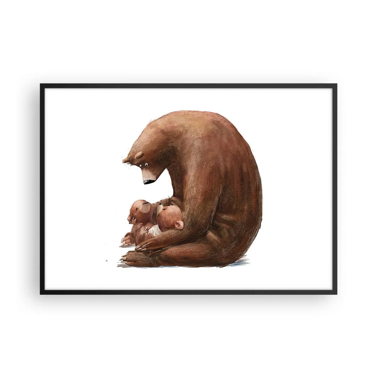 Poster in einem schwarzem Rahmen - Eine Bärenmutter mit zwei kleinen Bären im Arm - 100x70cm - Süße Träume, Kinder - Moderne Wanddekoration für Wohnzimmer und Schlafzimmer ARTTOR
