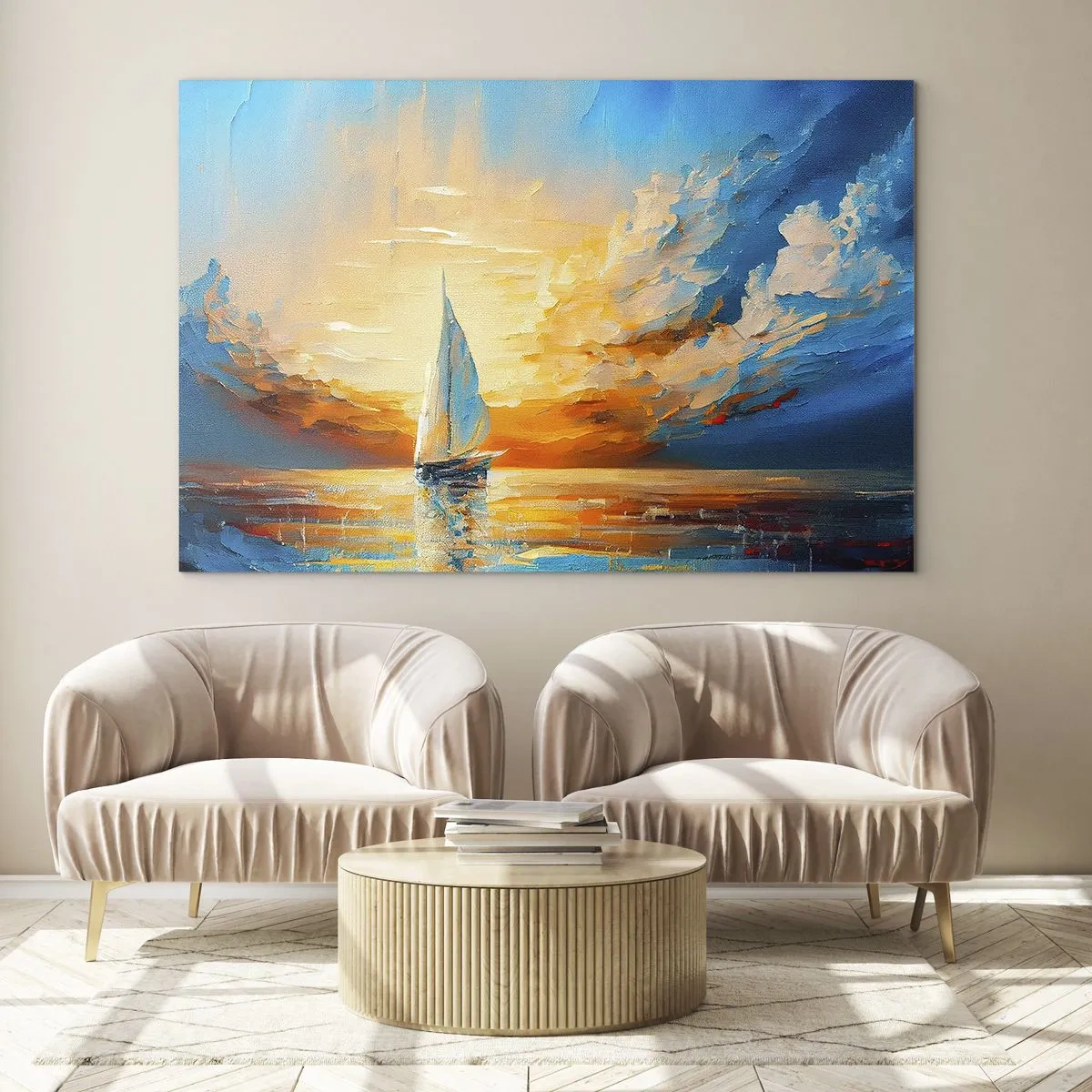 Glasbild - Bild auf glas - Ein Segelboot auf See im Licht der untergehenden Sonne - 100x70cm - In Gold segeln - Moderne Wanddekoration für Wohnzimmer und Schlafzimmer ARTTOR