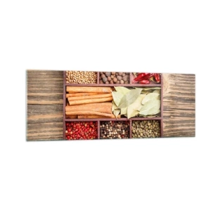 Glasbild - Bild auf glas - Holzkiste mit verschiedenen Gewürzen in Fächern - 140x50cm - Ordnung der Formen, Bouquet von Aromen - Moderne Wanddekoration für Wohnzimmer und Schlafzimmer ARTTOR