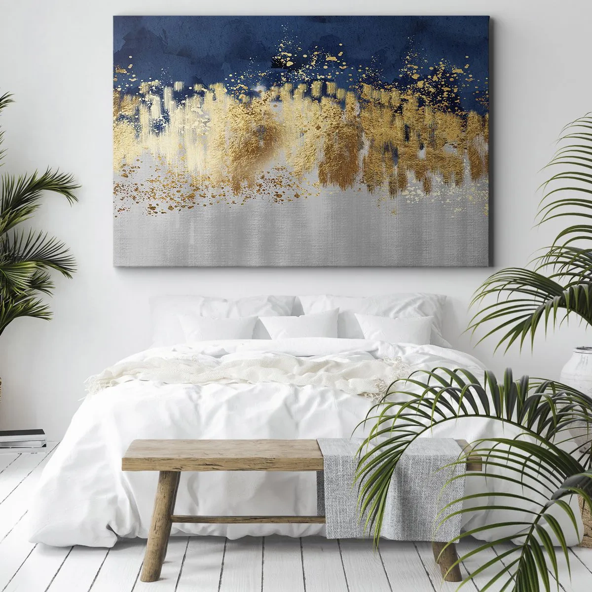 Bild auf Leinwand - Leinwandbild - Eine abstrakte Komposition in Gold- und Marineblautönen. - 70x50cm - Moderne Komposition mit Glanz - Moderne Wanddekoration für Wohnzimmer und Schlafzimmer ARTTOR