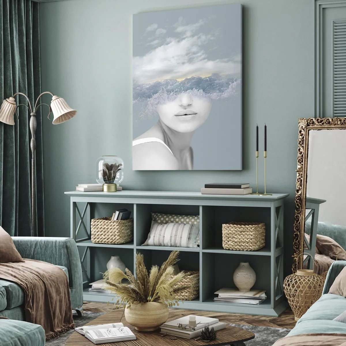 Bild auf Leinwand - Leinwandbild - Porträt einer Frau, deren Gesicht hinter Wolken und Wellen verborgen ist - 50x70cm - Mit dem Kopf in den Wolken - Moderne Wanddekoration für Wohnzimmer und Schlafzimmer ARTTOR