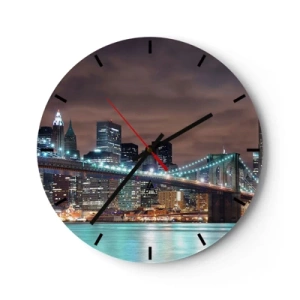 Wanduhr - Glasuhr - Brooklyn Bridge und die Skyline von New York bei Nacht - 30x30cm - Lichter der Großstadt - Moderne Wanddekoration für Wohnzimmer, Küche und Schlafzimmer ARTTOR