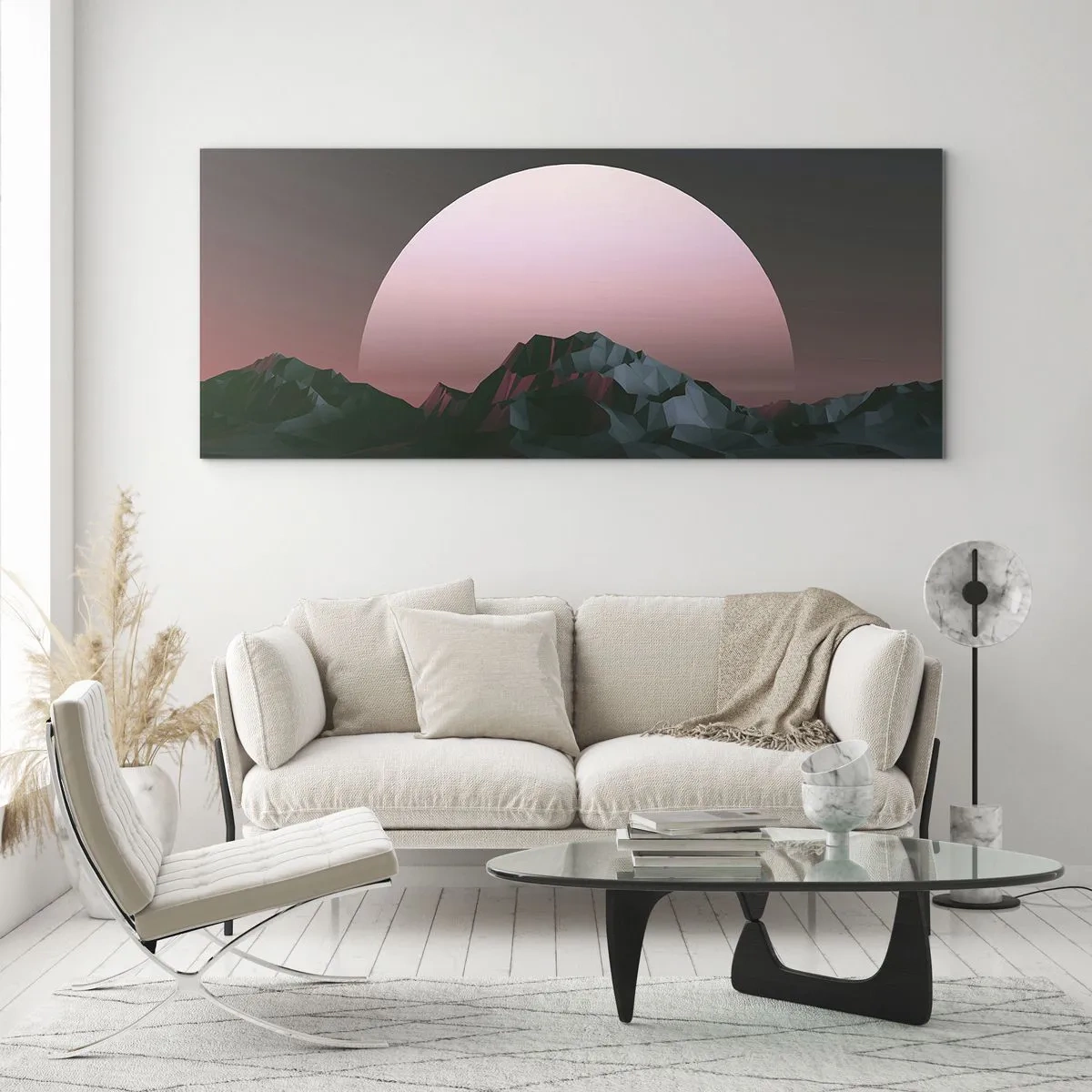 Glasbild - Bild auf glas - Geometrische Berge mit der untergehenden Sonne im Hintergrund - 160x50cm - In einer Nachbargalaxie - Moderne Wanddekoration für Wohnzimmer und Schlafzimmer ARTTOR