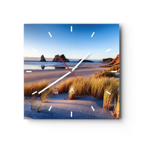Wanduhr - Glasuhr - Ein malerischer Strand mit Blick auf die Felsen und das Meer bei Sonnenuntergang - 30x30cm - Für Friedenssuchende - Moderne Wanddekoration für Wohnzimmer und Schlafzimmer ARTTOR