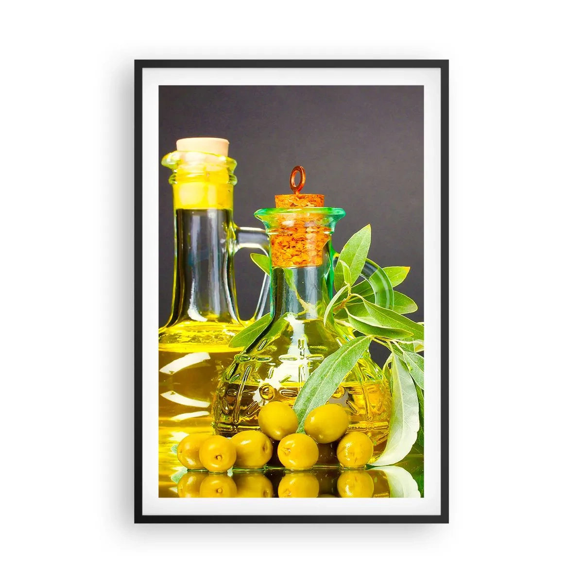 Poster in einem schwarzem Rahmen - Stillleben mit Oliven und Olivenöl - 61x91 cm