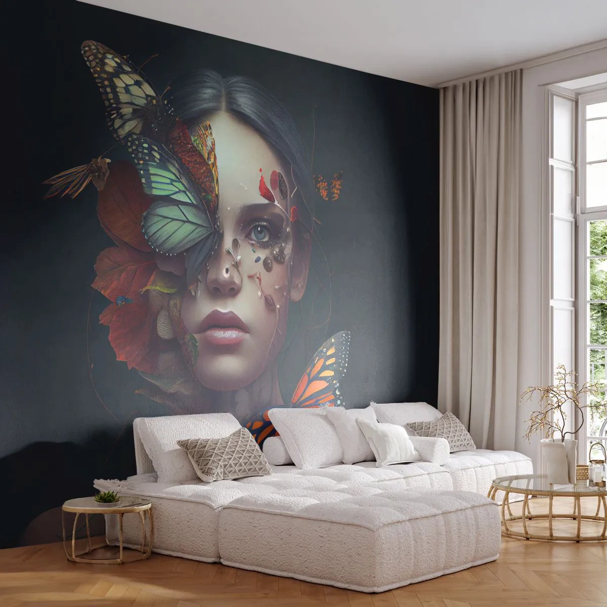 Fototapete Premium Sand - Porträt einer Frau mit Schmetterlingen und Blättern im Gesicht - 100x70cm - Wunderbare Metamorphose - Moderne Wanddekoration für Wohnzimmer und Schlafzimmer ARTTOR