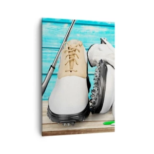 Bild auf Leinwand - Leinwandbild - Ein Set Golfzubehör auf einem hölzernen Hintergrund - 70x100cm - Alles ist bereit - Moderne Wanddekoration für Wohnzimmer und Schlafzimmer ARTTOR