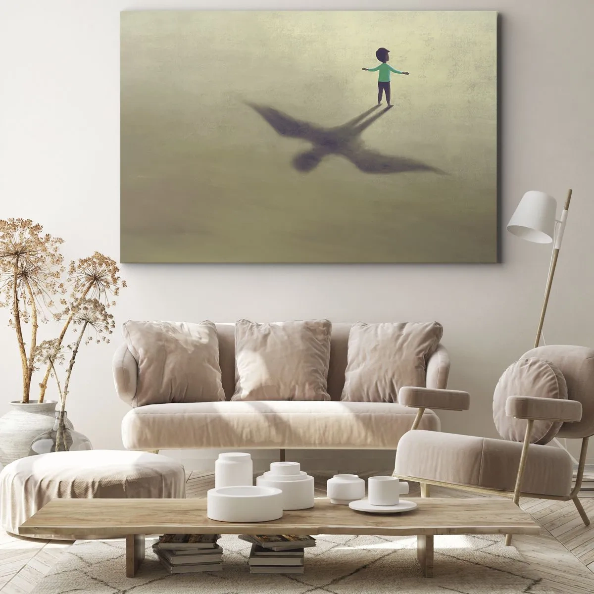 Bild auf Leinwand - Leinwandbild - Eine symbolische Figur eines Kindes mit dem Schatten eines Vogels vor einem Hintergrund in warmen Farbtönen. - 120x80cm - Der Held der Zukunft - Moderne Wanddekoration für Wohnzimmer und Schlafzimmer ARTTOR