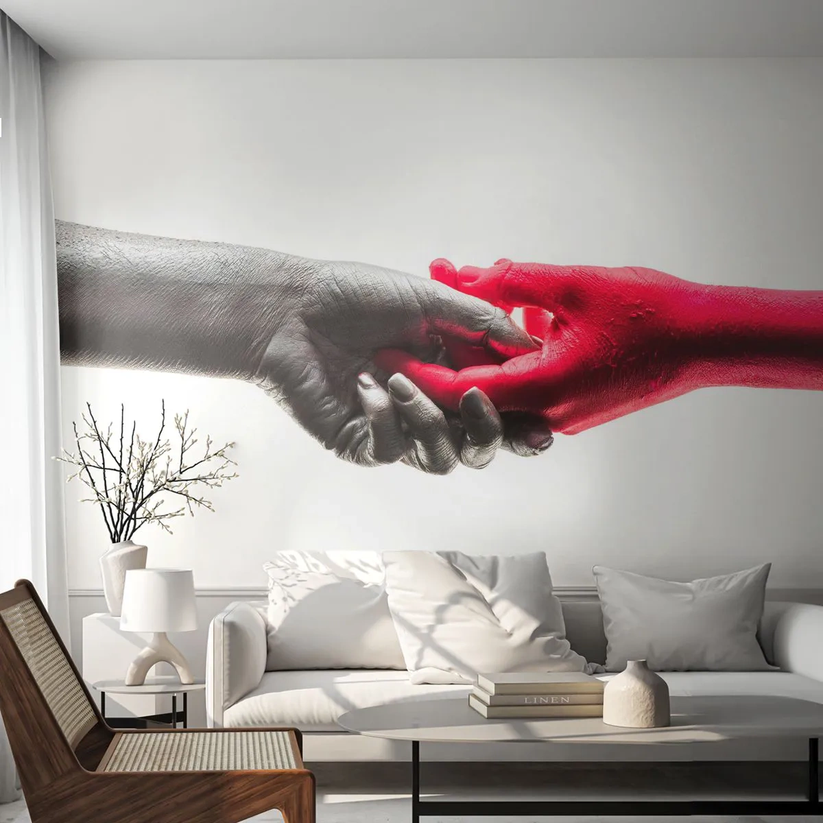 Fototapete Premium Canvas - Symbolische Hände in Silber und Rot - 100x70cm - Gemeinsam, obwohl anders - Moderne Wanddekoration für Wohnzimmer und Schlafzimmer ARTTOR