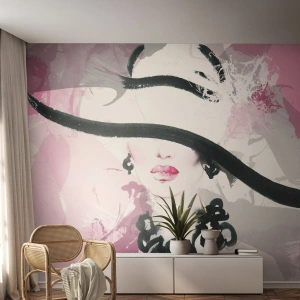 Fototapete Standard Eco - Stilvolle Frau mit Hut auf abstraktem Hintergrund - 100x70cm - Bildnis einer Dame in Schwarz und Pink - Moderne Wanddekoration für Wohnzimmer und Schlafzimmer ARTTOR