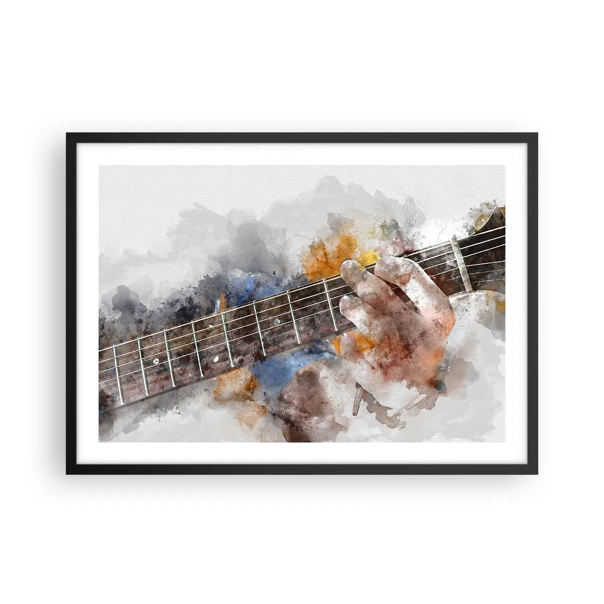 Poster in einem schwarzem Rahmen - Abstraktes Bild einer Hand, die Gitarre spielt - 70x50cm - Poesie zwischen den Saiten - Moderne Wanddekoration für Wohnzimmer und Schlafzimmer ARTTOR