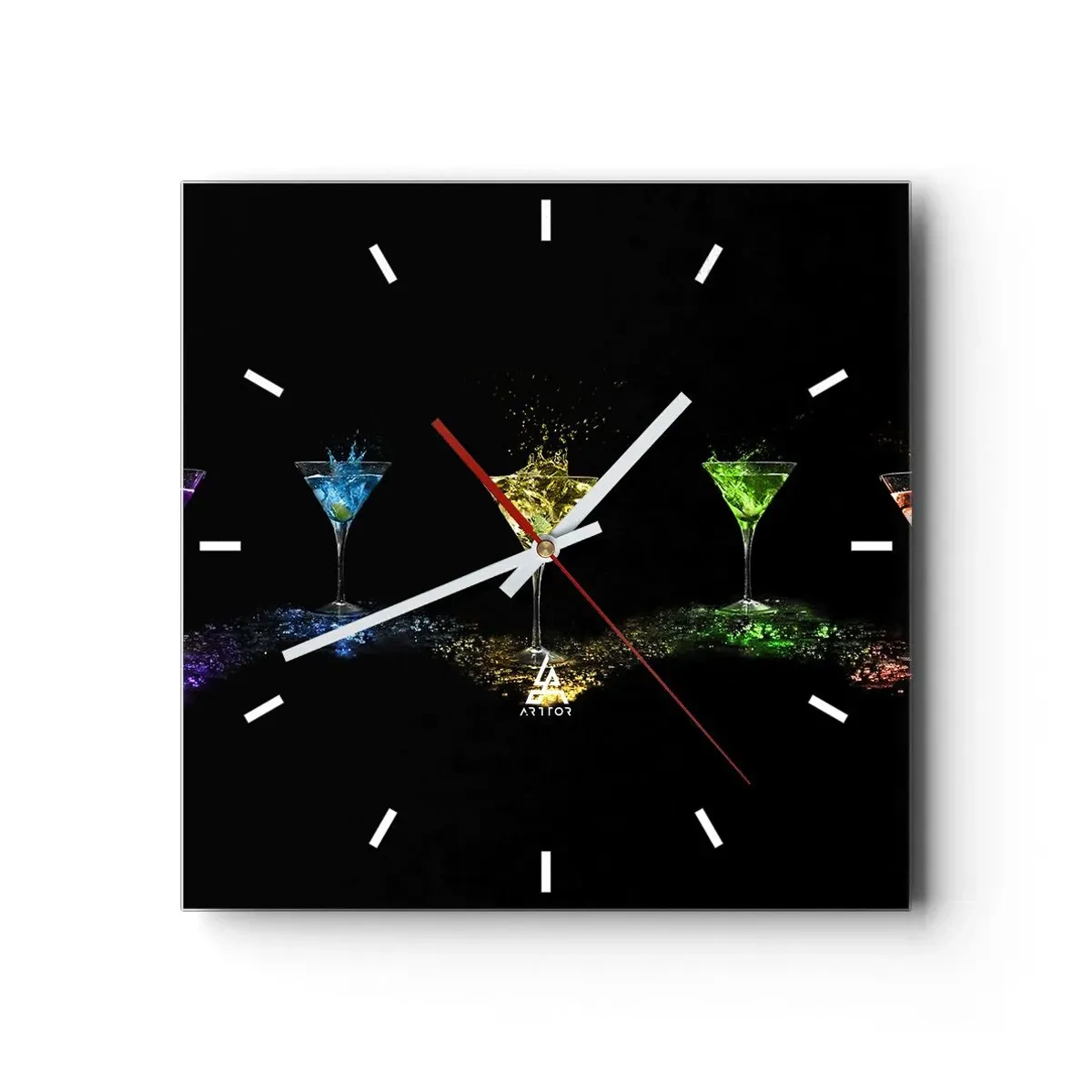 Wanduhr - Glasuhr - Bunte Cocktails in Gläsern auf schwarzem Hintergrund - 30x30cm - Farben der Freude in Kristallglas - Moderne Wanddekoration für Wohnzimmer und Schlafzimmer ARTTOR