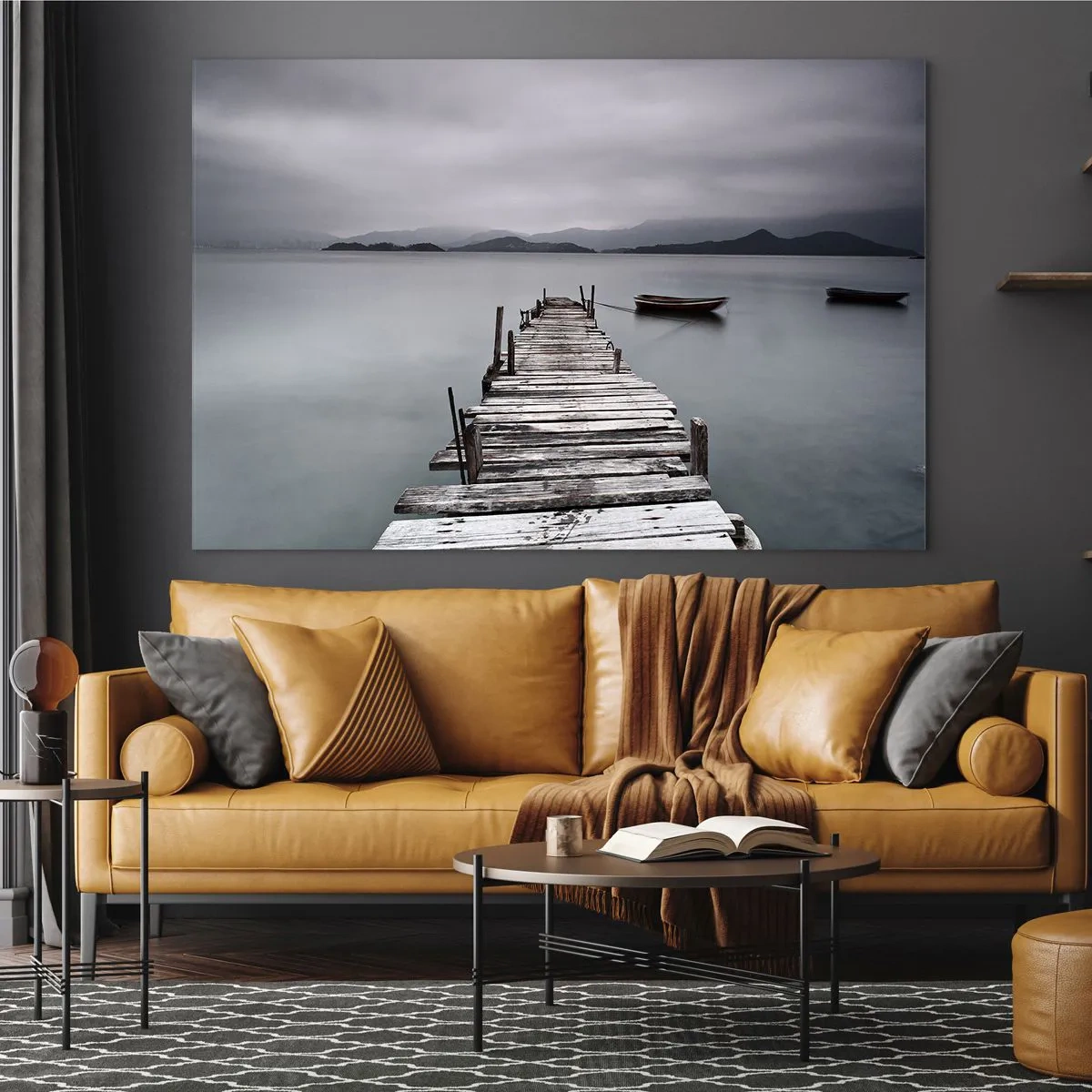 Glasbild - Bild auf glas - Ein Holzsteg auf einem See an einem nebligen Tag - 120x80cm - Du kannst morgen gehen - Moderne Wanddekoration für Wohnzimmer und Schlafzimmer ARTTOR