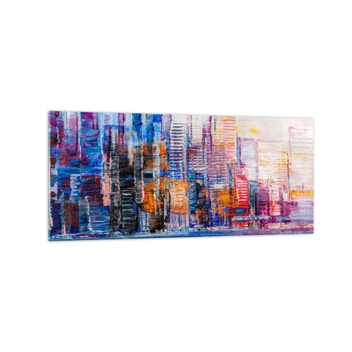 Glasbild - Bild auf glas - Ein farbenfrohes Panorama der Stadt mit Spiegelungen auf dem Wasser - 120x50cm - Fröhliche Metropole - Moderne Wanddekoration für Wohnzimmer und Schlafzimmer ARTTOR