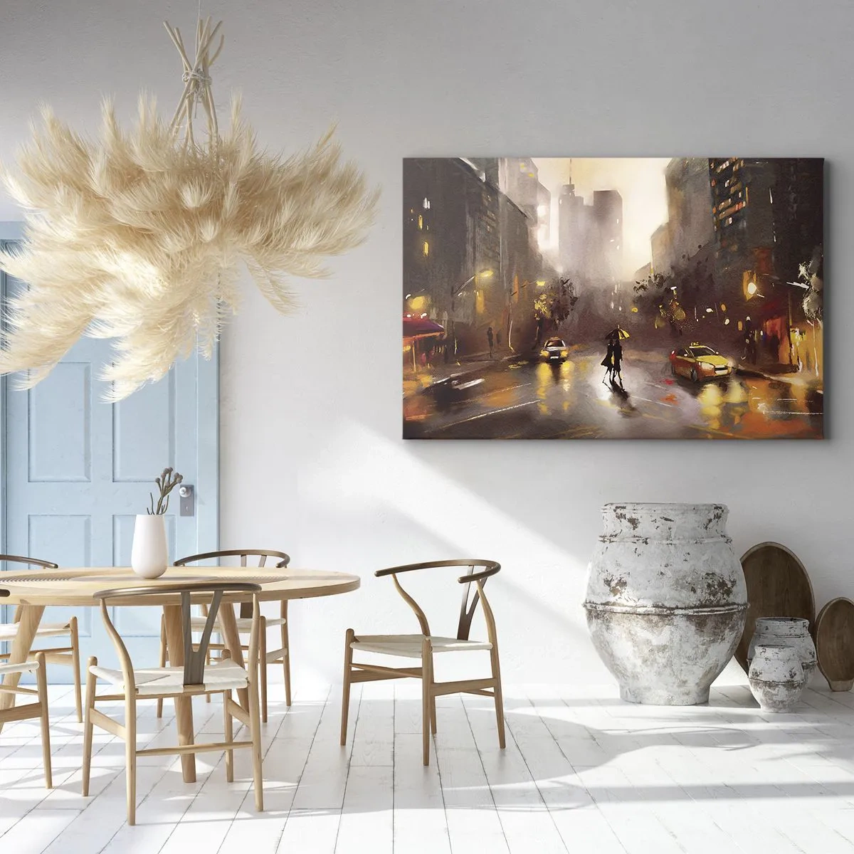 Bild auf Leinwand - Leinwandbild - Eine nächtliche Stadtszene im Licht der Straßenlaternen und Spiegelungen auf einer nassen Straße. - 100x70cm - Im Licht von New York - Moderne Wanddekoration für Wohnzimmer und Schlafzimmer ARTTOR