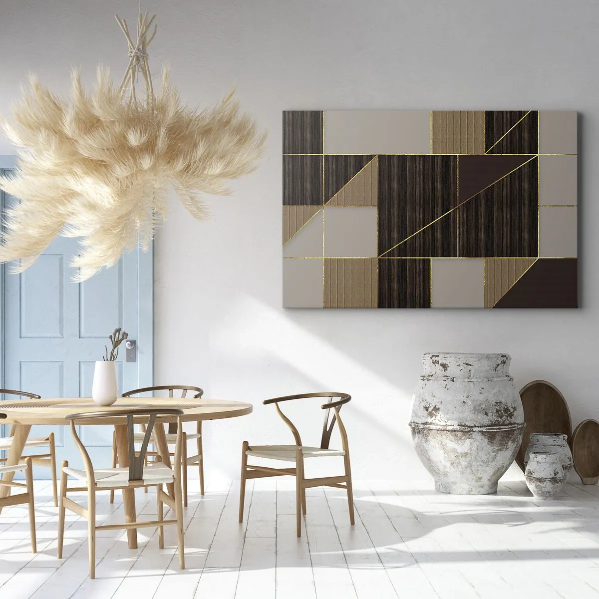 Bild auf Leinwand - Leinwandbild - Geometrische Muster in Brauntönen mit goldenen Linien - 100x70cm - Ein Mosaik aus Braun und Gold - Moderne Wanddekoration für Wohnzimmer und Schlafzimmer ARTTOR