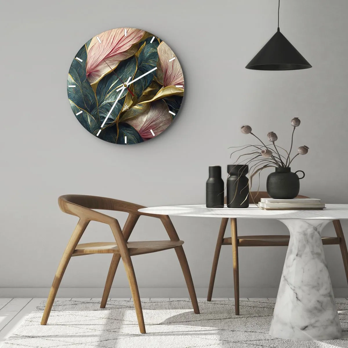 Wanduhr - Glasuhr - Blätter in Grün-, Gold- und Rosatönen in eleganter Form - 30x30cm - Natürliche Eleganz und Stil - Moderne Wanddekoration für Wohnzimmer, Küche und Schlafzimmer ARTTOR