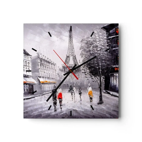 Wanduhr - Glasuhr - Ein Blick auf den Eiffelturm in einer monochromen Umgebung mit Farbakzenten - 30x30cm - Pariser Spaziergang - Moderne Wanddekoration für Wohnzimmer und Schlafzimmer ARTTOR