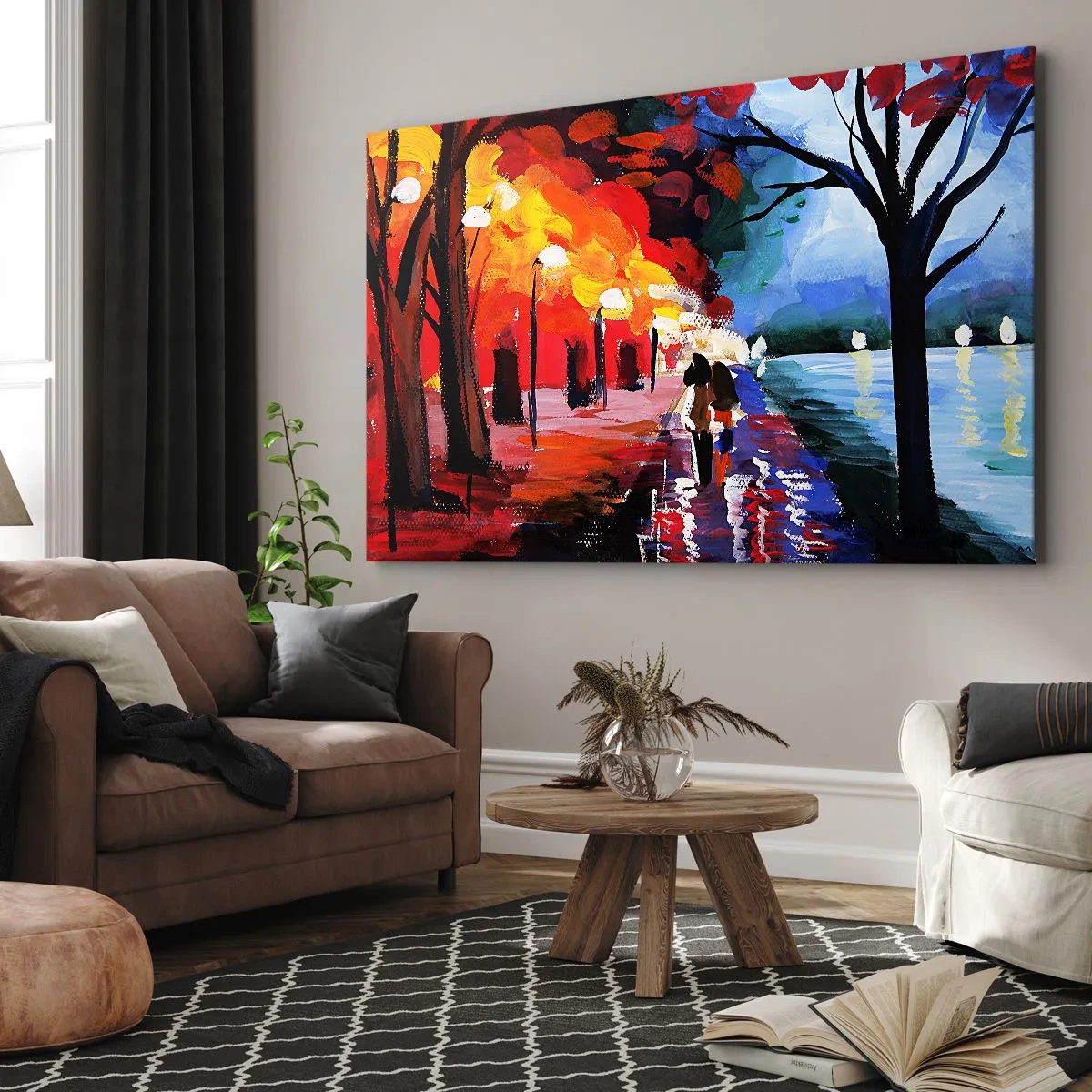 Bild auf Leinwand - Leinwandbild - Ein Herbstspaziergang entlang des Weges mit Blick auf das Wasser - 70x50cm - Strahlender Herbst im Park - Moderne Wanddekoration für Wohnzimmer und Schlafzimmer ARTTOR