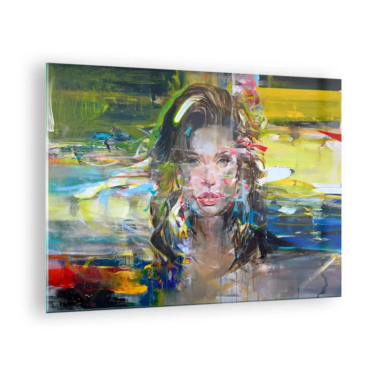 Glasbild - Bild auf glas - Abstraktes Porträt einer Frau mit dynamischem Hintergrund - 70x50cm - Hinter der Luft ein Vorhang - Moderne Wanddekoration für Wohnzimmer und Schlafzimmer ARTTOR