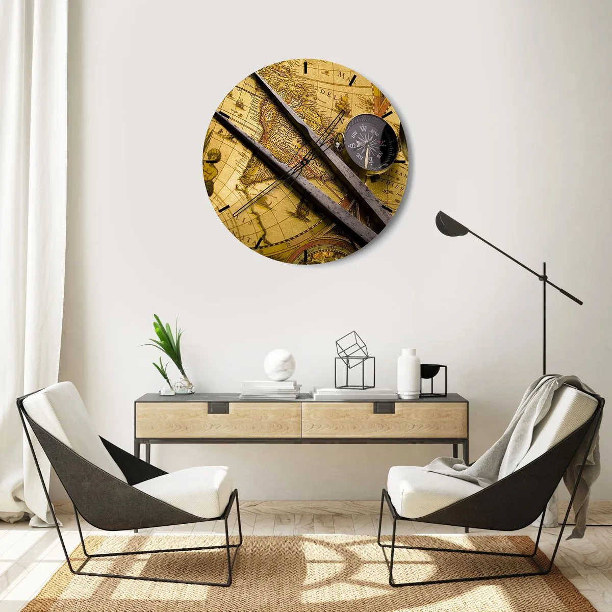 Wanduhr - Glasuhr - Antike Karte mit Kompass und Kompass - 30x30cm - Wo sind diese Schätze? - Moderne Wanddekoration für Wohnzimmer, Küche und Schlafzimmer ARTTOR