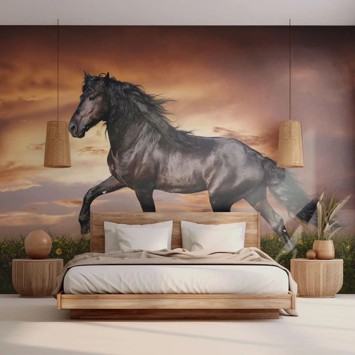 Fototapete Premium Sand - Ein schwarzes Pferd galoppiert gegen die untergehende Sonne - 100x70cm - Schwarzer Prinz - Moderne Wanddekoration für Wohnzimmer und Schlafzimmer ARTTOR