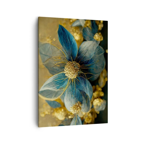 Bild auf Leinwand - Leinwandbild - Elegante Blumen in Blau- und Goldtönen - 50x70cm - Mit Gold blühen - Moderne Wanddekoration für Wohnzimmer und Schlafzimmer ARTTOR