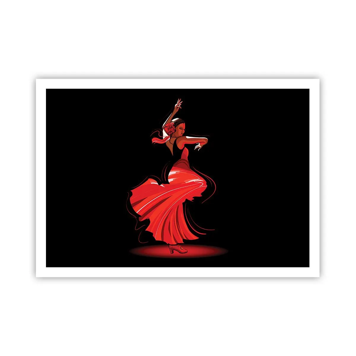 Poster - Flamenco-Tänzerin in einem roten Kleid vor schwarzem Hintergrund - 100x70cm - Der feurige Geist des Flamenco - Moderne Wanddekoration für Wohnzimmer und Schlafzimmer ARTTOR