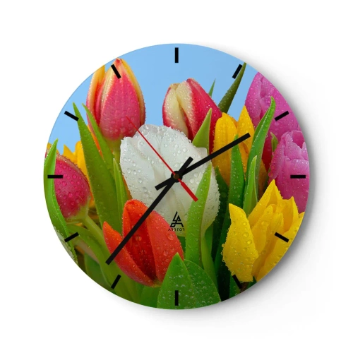 Wanduhr - Glasuhr - Ein blumiger Regenbogen in Tautropfen - 40x40 cm