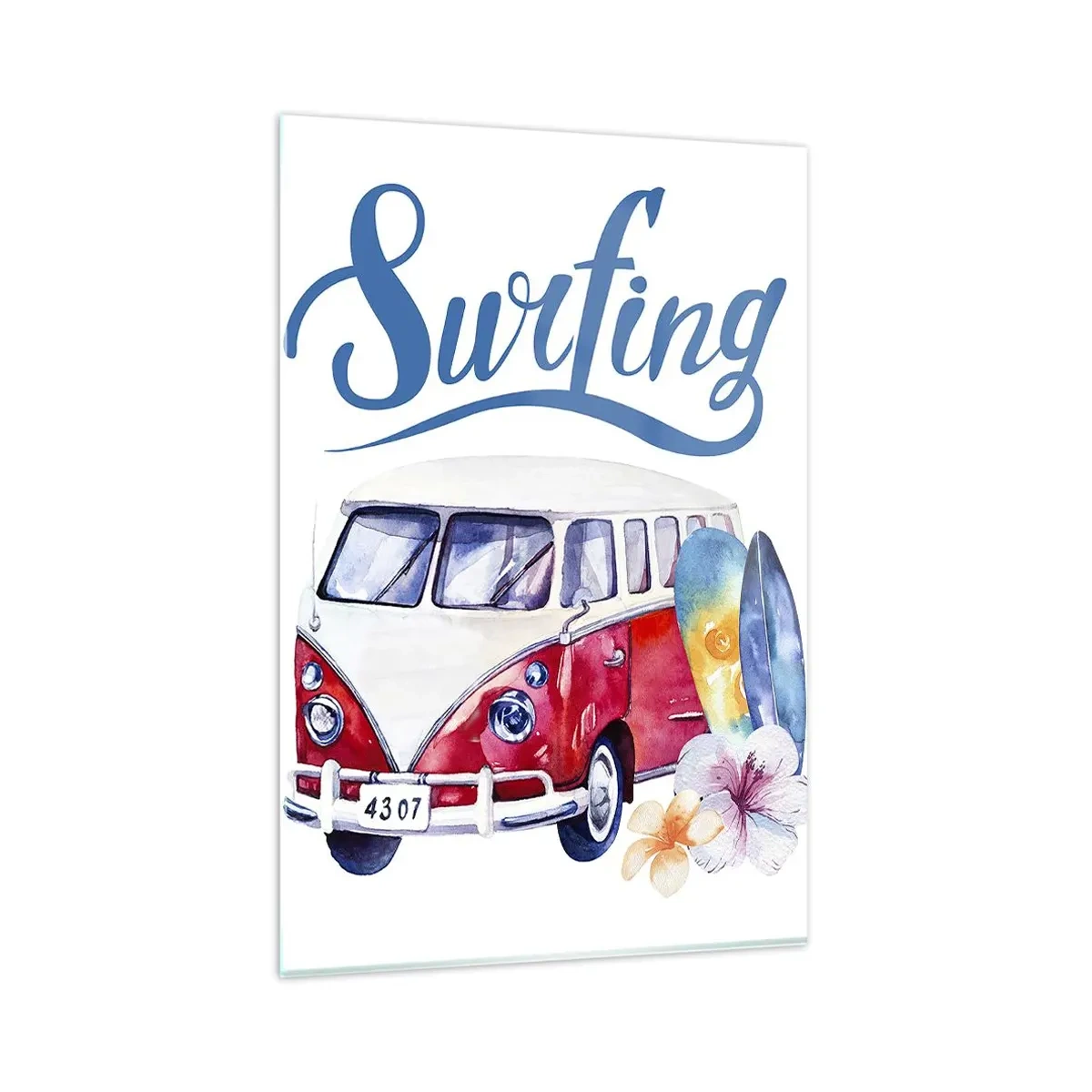 Glasbild - Bild auf glas - Bunte Grafiken mit einem Bus und einem Surfthema - 80x120cm - Gurke - ein Klassiker für einen Surfer - Moderne Wanddekoration für Wohnzimmer und Schlafzimmer ARTTOR
