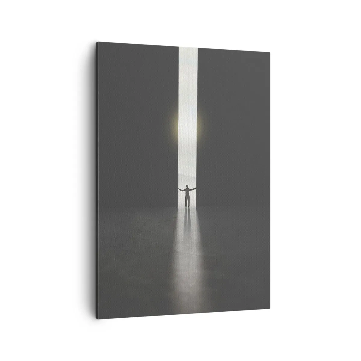 Bild auf Leinwand - Leinwandbild - Ein Mann steht im Licht eines schmalen Schlitzes in einem dunklen Raum - 50x70cm - Ein Schritt in eine strahlende Zukunft - Moderne Wanddekoration für Wohnzimmer und Schlafzimmer ARTTOR
