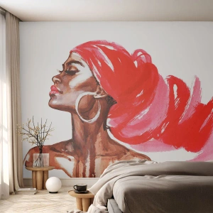 Fototapete Standard Eco - Stilisiertes Porträt einer Frau mit rotem Schal - 100x70cm - Es weht ein Wind, der die Nase eines Mannes öffnet - Moderne Wanddekoration für Wohnzimmer und Schlafzimmer ARTTOR