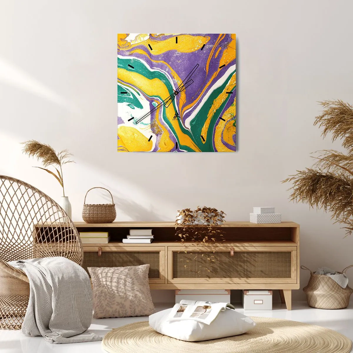 Wanduhr - Glasuhr - Abstraktes Marmormuster in lebendigen Farben - 30x30cm - Farbwellen - Moderne Wanddekoration für Wohnzimmer und Schlafzimmer ARTTOR