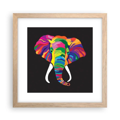 Poster in einem Rahmen aus heller Eiche - Der Elefant, der es liebte, im Regenbogen zu baden - 30x30 cm