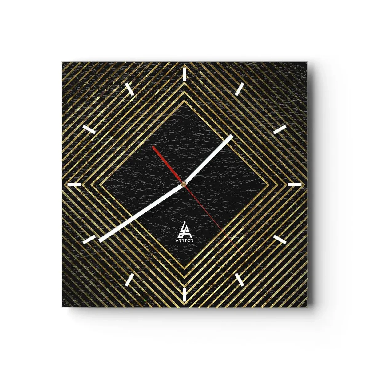 Wanduhr - Glasuhr - Schwarzer Hintergrund mit einem geometrischen Muster aus goldenen Linien - 30x30cm - Geometrie im glamourösen Stil - Moderne Wanddekoration für Wohnzimmer und Schlafzimmer ARTTOR