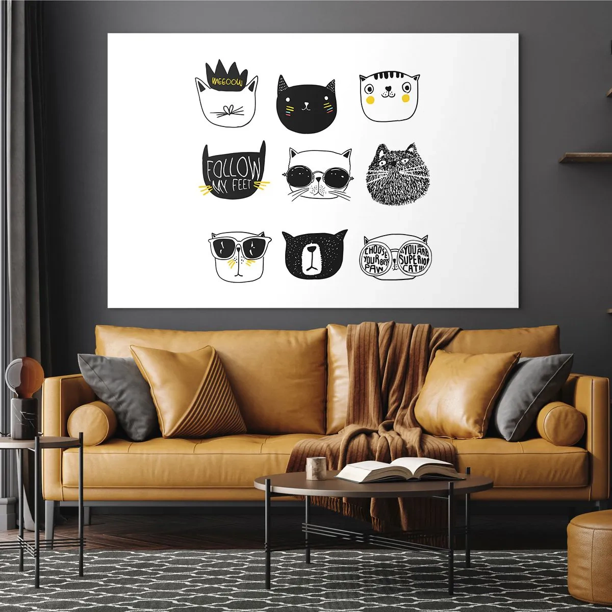 Glasbild - Bild auf glas - Illustrationen von entzückenden Katzen im minimalistischen Stil - 70x50cm - Jeder andere - Moderne Wanddekoration für Wohnzimmer und Schlafzimmer ARTTOR