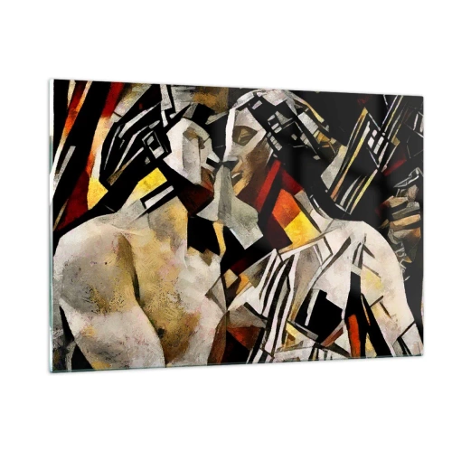 Glasbild - Bild auf glas - Abstraktes Paar in geometrischen Mustern - 120x80cm - Ein statuenhafter Kuss - Moderne Wanddekoration für Wohnzimmer und Schlafzimmer ARTTOR
