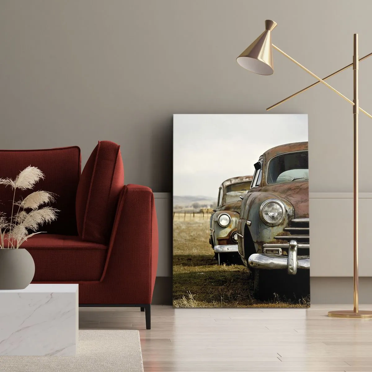 Bild auf Leinwand - Leinwandbild - Zwei alte Autos auf einem Feldweg neben einem Holzzaun - 50x70cm - Eine wohlverdiente Ruhe - Moderne Wanddekoration für Wohnzimmer und Schlafzimmer ARTTOR