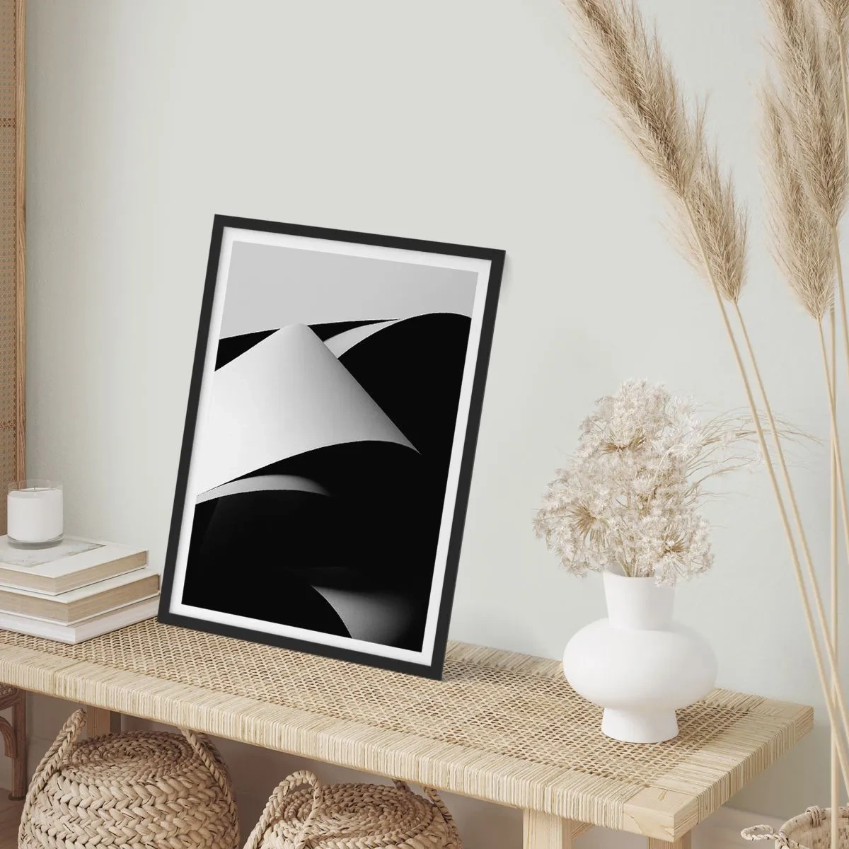 Poster in einem schwarzem Rahmen - Minimalistische Abstraktion in Schwarzweiß - 50x70cm - Lichtflächen aus der Schattentiefe - Moderne Wanddekoration für Wohnzimmer und Schlafzimmer ARTTOR