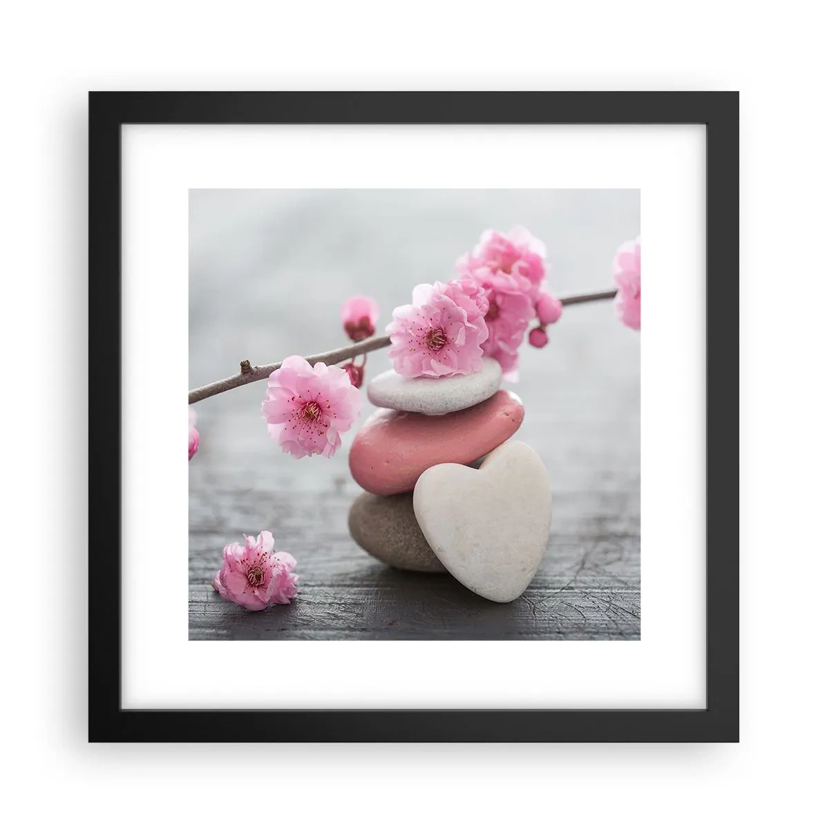 Poster in einem schwarzem Rahmen - Glückseligkeit mit einer Kirschblüte - 30x30 cm