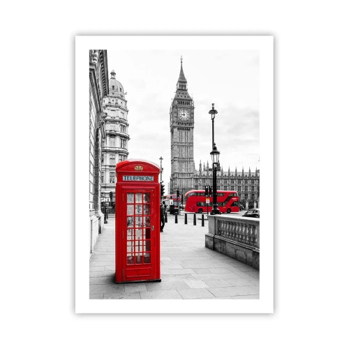 Poster - Eine rote Telefonzelle mit Big Ben und einem Bus im Hintergrund. - 50x70cm - London, ohne Zweifel - Moderne Wanddekoration für Wohnzimmer und Schlafzimmer ARTTOR