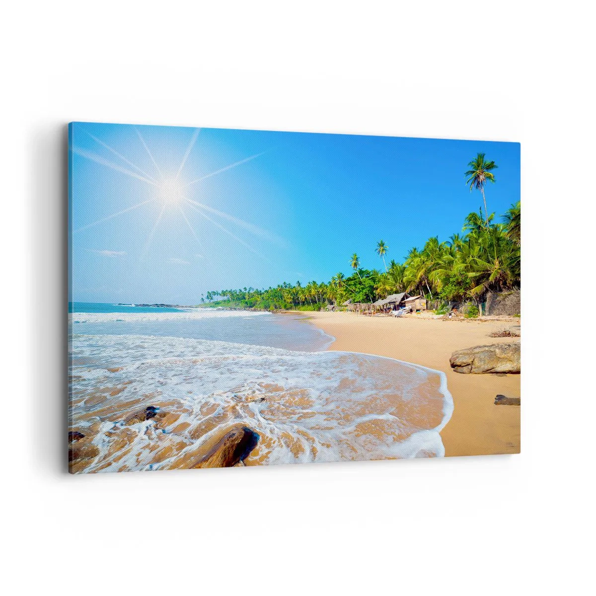 Bild auf Leinwand - Leinwandbild - Tropischer Strand mit Palmen und blauem Himmel - 120x80cm - Ein exotischer Ort für dich - Moderne Wanddekoration für Wohnzimmer und Schlafzimmer ARTTOR