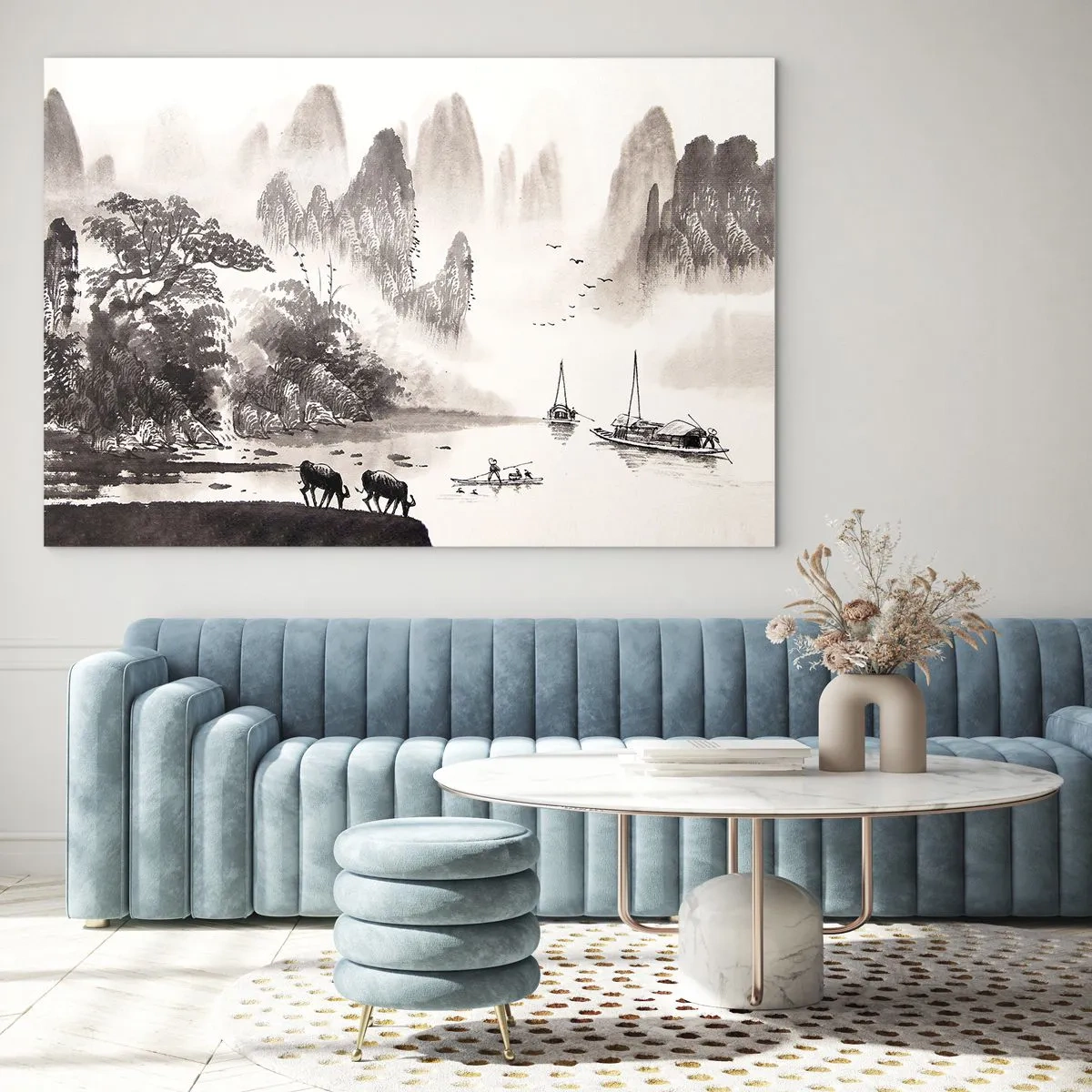 Glasbild - Bild auf glas - Chinesische Landschaft mit Bergen, Bäumen und Wasser - 70x50cm - Der exotische Alltag des Ostens - Moderne Wanddekoration für Wohnzimmer und Schlafzimmer ARTTOR